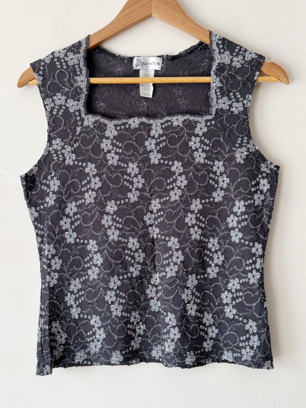 Gantos Vintage 90s Y2K Gray and Silver Metallic Floral Lace Square Neck Top M